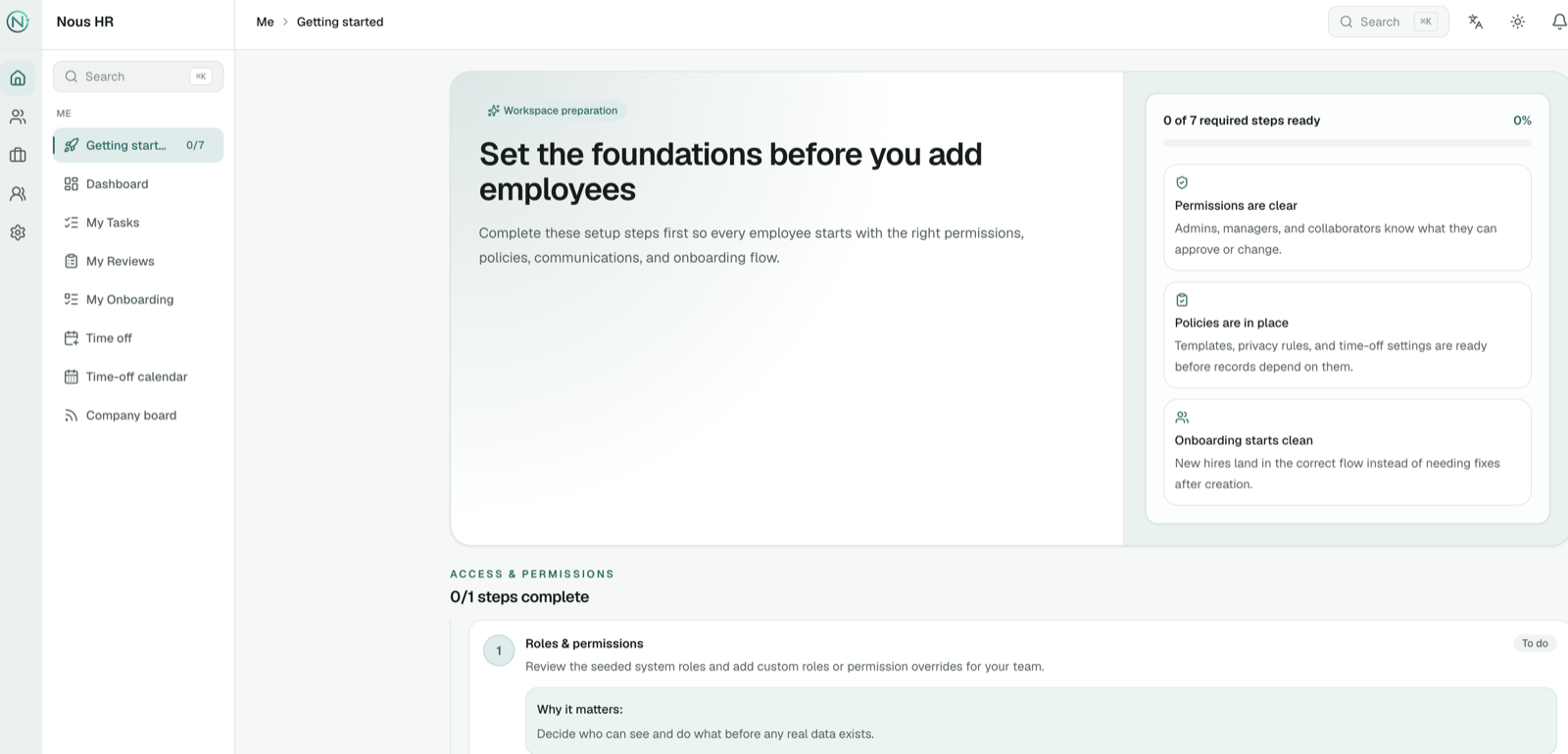 The Nous HR guided setup checklist, with steps for permissions, policies, and onboarding.