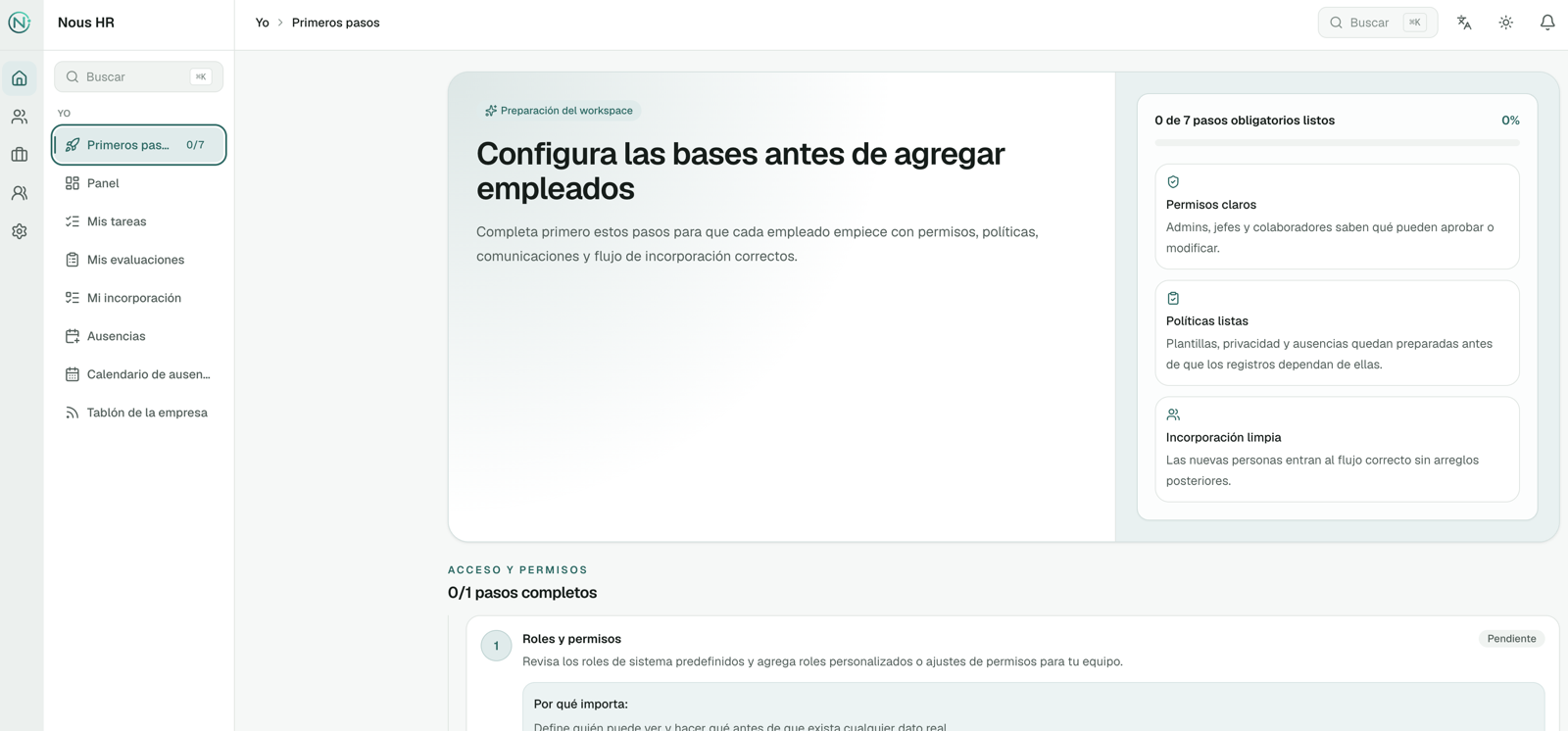 La lista de configuración guiada de Nous HR, con pasos para permisos, políticas e incorporación.
