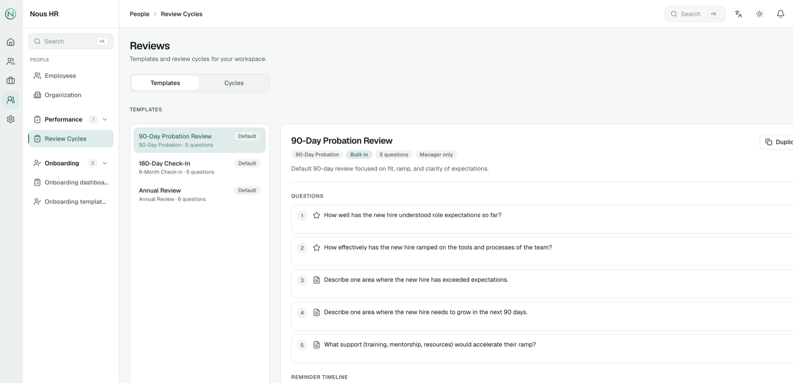 The Nous HR review templates screen, showing the 90-day review with its questions and reminder timeline.